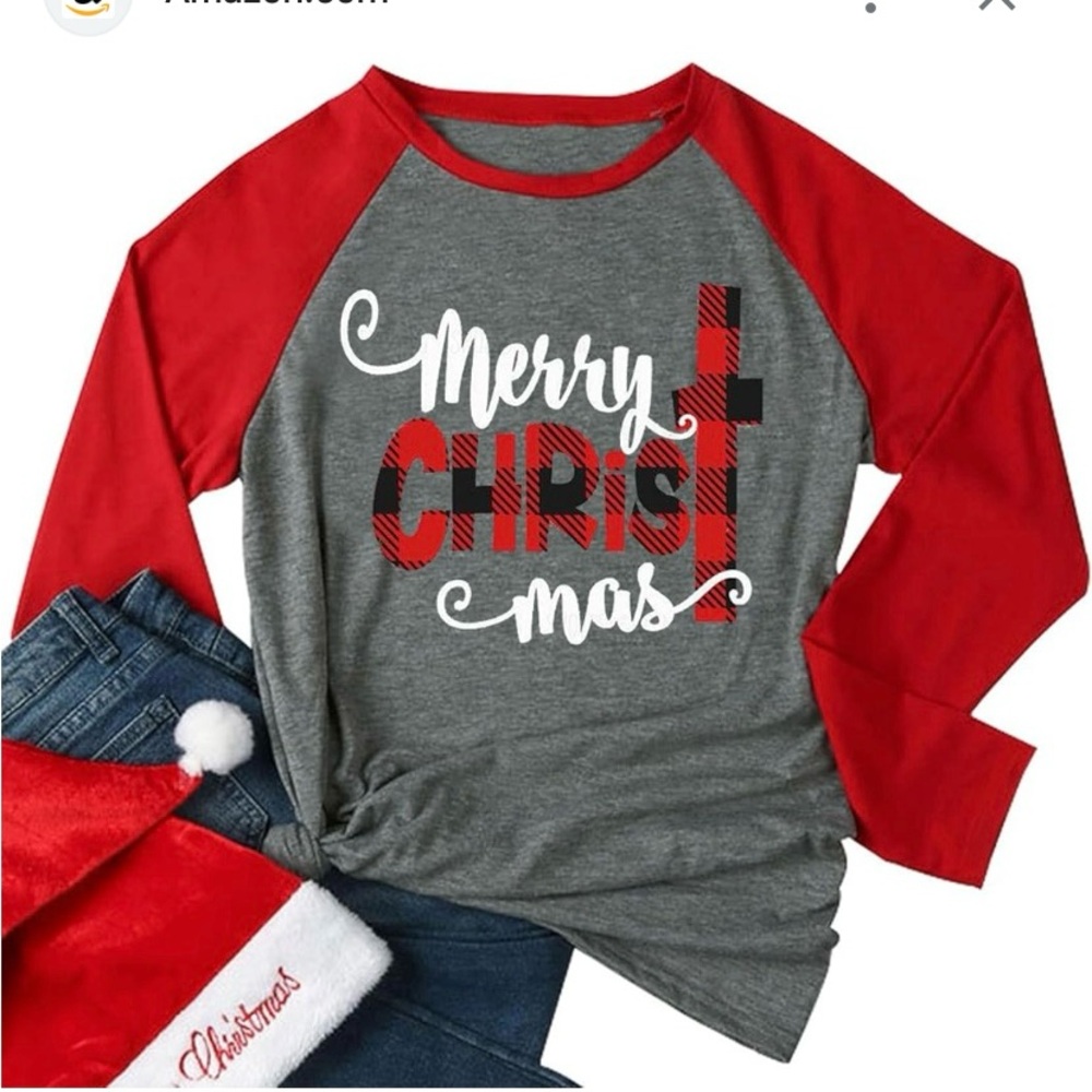 Merry Christmas long sleeve shirt with plaid sleeves in a size Large